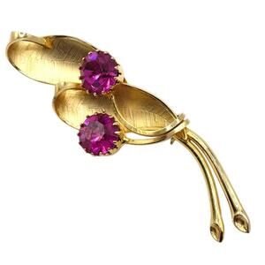 Austria Signed Pink Crystals and Gold Filigree Brooch 2”